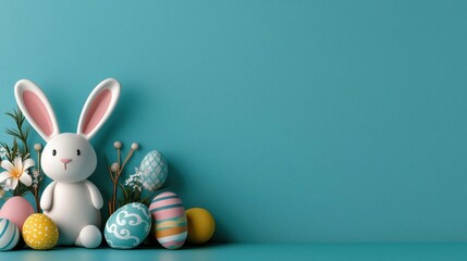 A photostock of colorful Easter decorations, including eggs and bunny ears, arranged on a vibrant turquoise background with spring props. High Quality