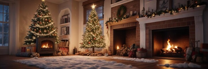 Cozy winter scene of a snow-covered Christmas tree by a crackling fireplace , wintry scenery, firelit room, crackling flames