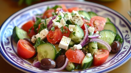 Photo of, A colorful plate of Greek salad featuring ripe tomatoes, crisp cucumbers