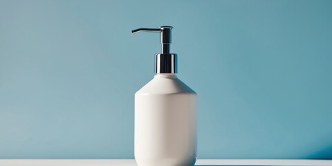 A white plastic bottle with a pump on a blue background.