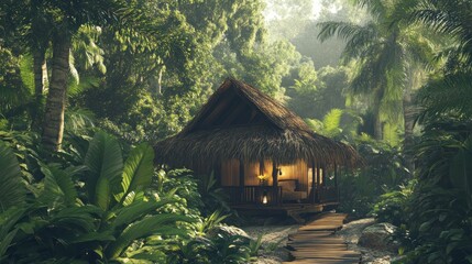 Lush jungle hut, wooden pathway, sunlight.