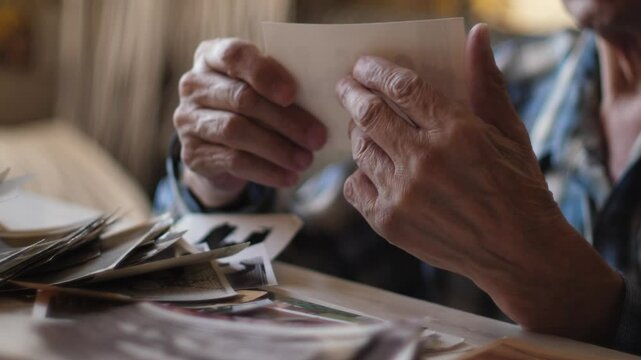 elderly Caucasian man 75-79 years old looking at old family photos sitting at table at home, pensioner nostalgic looking at family photo archive