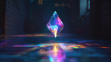 Rainbow reflections on the floor are created by a 3D illuminating crystal suspended in midair in a pitch-black environment.