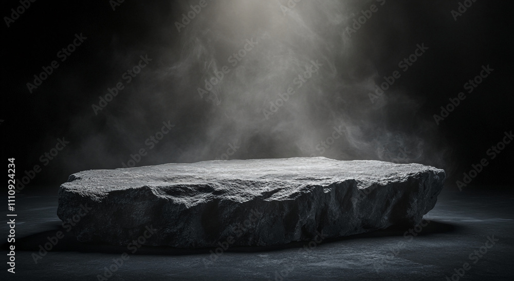 Poster Dark and moody stone slab illuminated by soft light and mist in a dramatic setting