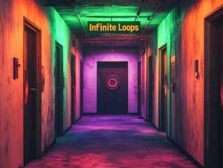 Fototapeta premium Vivid Neon Hallway Leading to Mysterious Door with Infinite Loops Sign