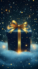 A gift box with a glowing ribbon, surrounded by snow and sparkles, &ntilde;ute vector illustration, greeting card, website banner