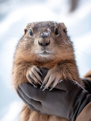 Groundhog held gently in winter close-up
