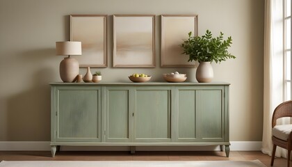 Wood sideboard in green living room with copy space