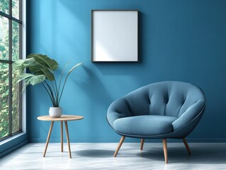 Teal armchair and side table in modern room with empty frame and plant.