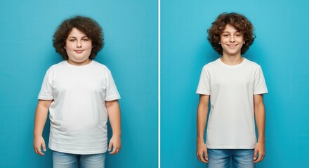 Transformation journey of young boy from overweight to fit in white t-shirt and jeans against blue background