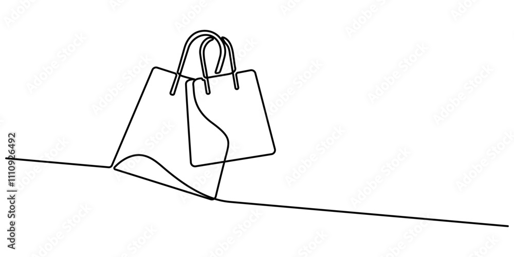 Poster Continuous single line drawing of shopping bag design. Simple paper bag one line vector illustration, Continuous one line drawing of paper bag with the  sale word, Continuous Line Drawing of Reusable.