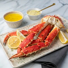Alaskan king crab legs with melted butter and lemon wedges on a marble platter