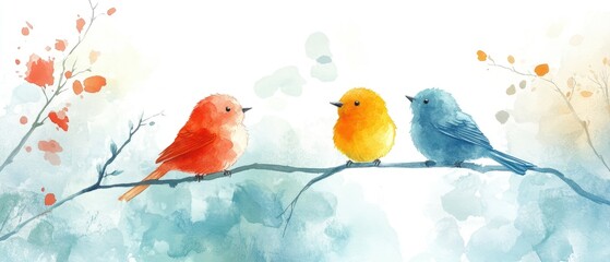 Three colorful birds perched on a branch in a soft, watercolor style.