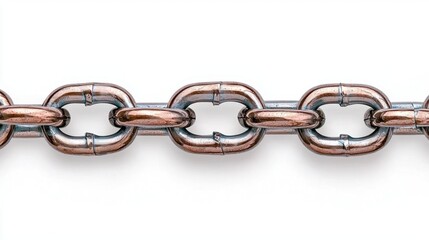 Fototapeta premium A photostock of a chain with shiny metal links, arranged horizontally on a white background for strength and security concepts. High Quality
