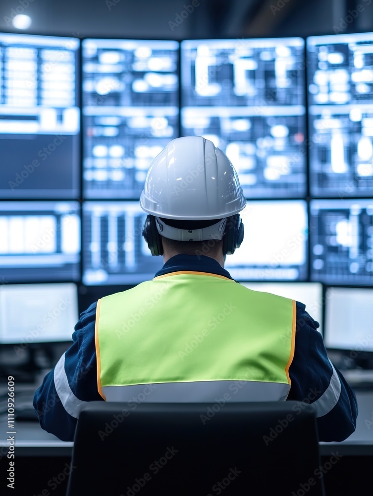 Aufkleber a worker with a helmet and safety vest monitors multiple data screens in a control room, focusing on