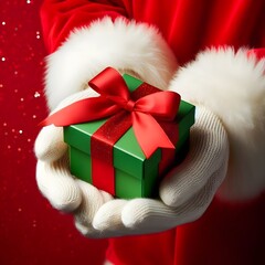 Santa Claus hands holding a green gift box with a red ribbon on a vibrant red background, representing Christmas celebration and gift giving