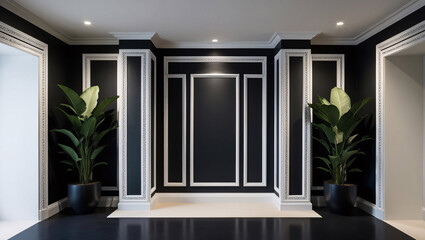 Elegant Interior with Intricate Molding, Lush Greenery, and Timeless Design