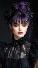 Portrait of a young woman with striking purple hair and bold makeup, exuding a dramatic and mysterious aura.