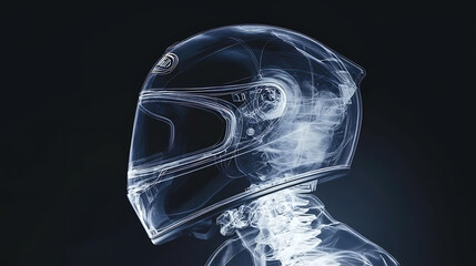 High-Resolution X-Ray Analysis of a Motorcyclist's Helmet in a Futuristic Studio Environment