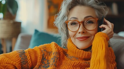 Cozy lifestyle moment woman enjoying a phone call at home indoor setting warm environment relaxed atmosphere