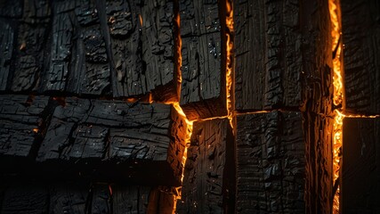 Obraz premium Close-up of charred wood, glowing embers, intricate cracks and textures