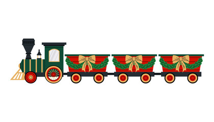 Christmas train toy. Steam train with wagons decorated with Christmas wreaths and bows. Flat illustration on white background. © miss LEMON