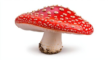 Obraz premium A photostock of a red Amanita mushroom with white spots, placed on a clean white background, perfect for natural or fantasy designs. High Quality