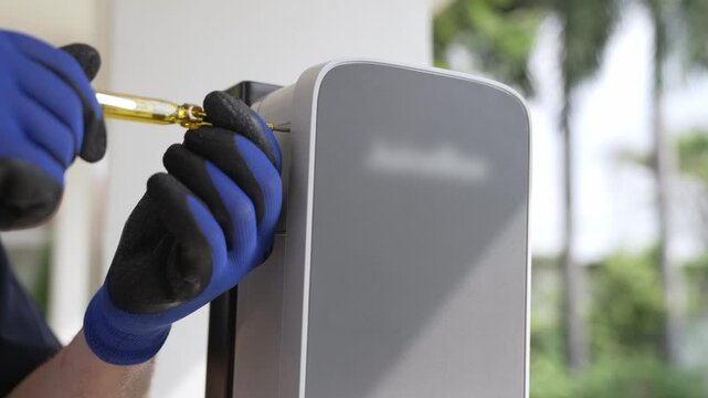 Qualified technician install home EV charging station, providing maintenance service for electric vehicle's battery charging platform at home. EV car technology for residential utilization. Fastidious