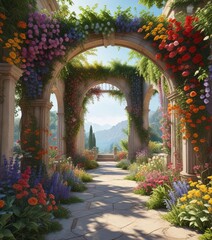 Fototapeta premium Elegant arches supporting a tapestry of colorful flowers and foliage , ornate, garden