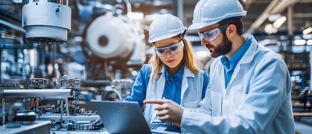 Aufkleber focused engineers analyzing data on laptop in modern factory environment with industrial machinery i