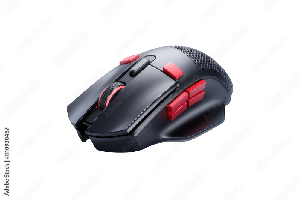 Poster black and red gaming mouse with customizable buttons and ergonomic design