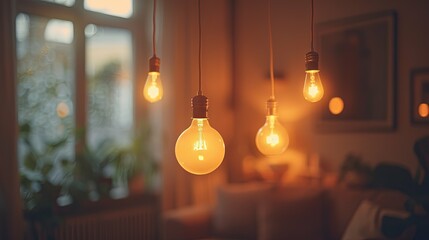 Warmly Lit Interior with Hanging Edison Bulbs and Blurred Background