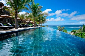 Obraz premium Serene infinity pool overlooking tranquil ocean and palm trees under bright skies. Generative AI