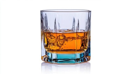 A photostock of an elegant whiskey glass splashing amber liquid, set on a clean white background, perfect for beverage or luxury branding. High Quality