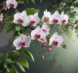 Fototapeta premium Exotic orchids blooming on a tree branch with delicate green leaves, tree branch, flower arrangement