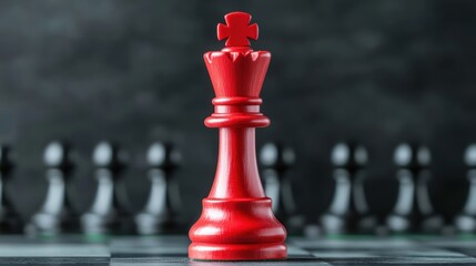 Red chess king piece on a strategic game board