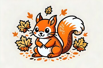Obraz premium Cute Squirrel Autumn Leaves Whimsical Cartoon Illustration