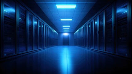 Fototapeta premium Futuristic data center corridor illuminated in blue light