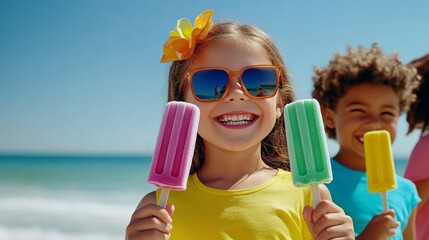 Happy Children Enjoying Colorful Popsicles at Sunny Beach on a Summer Day