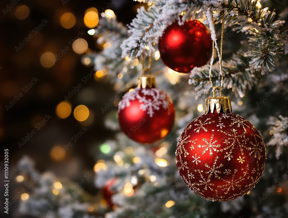 Poster a festive close-up of christmas ornaments hanging on a frosted tree branch, with sparkling lights in