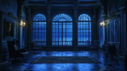 Fototapeta premium Dark blue grand hall with large windows overlooking a moonlit sea at night.