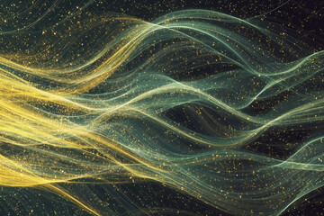 Obraz premium Yellow and green abstract energy background with wavy lines and sparkles on black with copy space