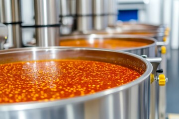 Industrial Sauce Production: Large Stainless Steel Kettles Cooking Tomato-Based Mixture in a Modern Factory Setting