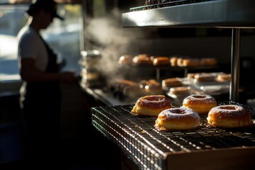 Morning Bakery Aroma: Freshly Baked Donuts in a Sunlit Bakery Kitchen Captured in Stunning Light