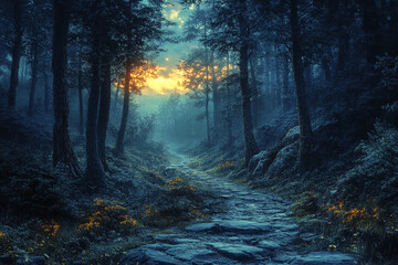 Obraz premium A Mystical Forest Path at Sunset