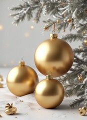 festive winter scene with golden ornaments and white background , wintry ambiance, holiday scene, snowflake decoration