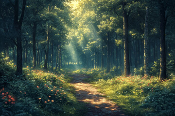 Fototapeta premium Sunlit Forest Path With Flowers And Trees