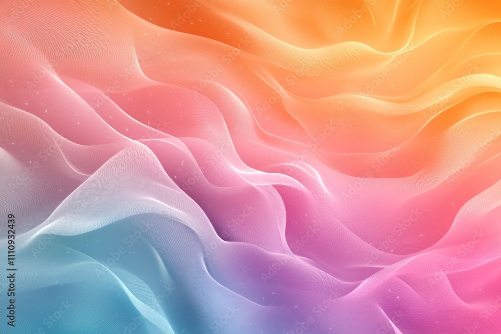 Poster abstract background with colorful pastel waves and glitter particles, creating a soft and dreamy atm