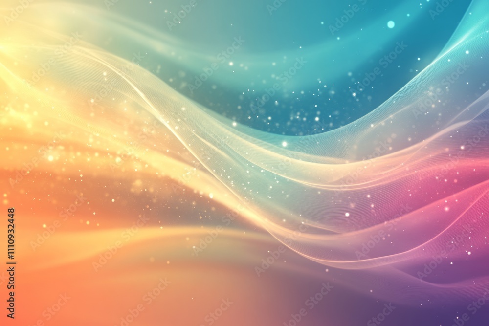 Poster pastel colored abstract background with shining waves and particles flowing