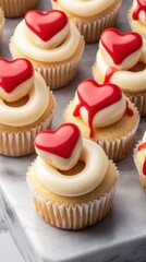 Heart-topped cupcakes with creamy frosting on a marble surface, AI